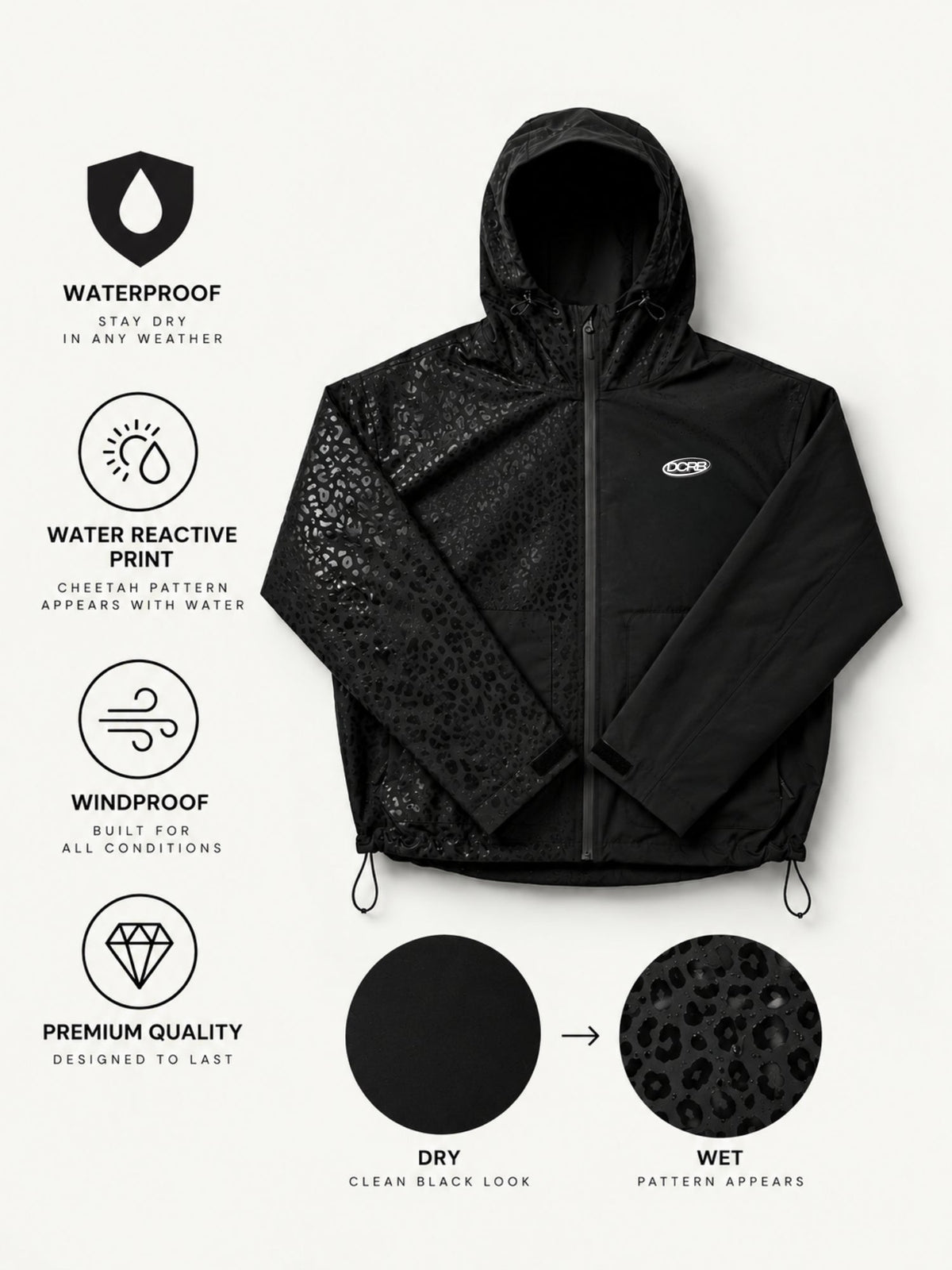 DCRB Dark Green Water Reactive Cheetah Rain Jacket