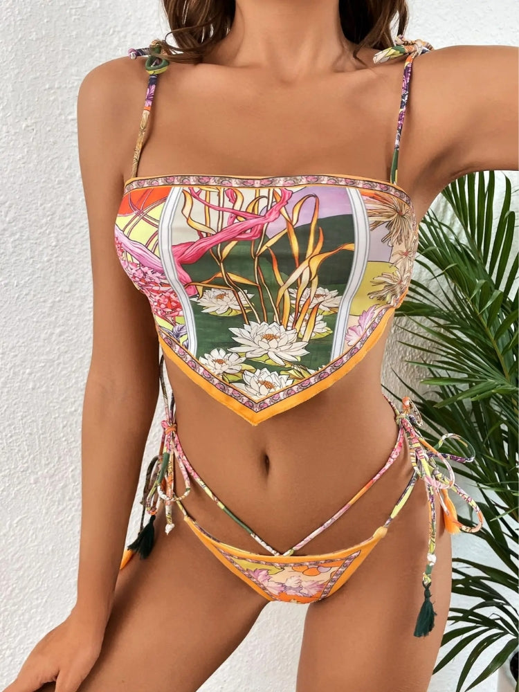 Flowered Cover Top Bikini Set