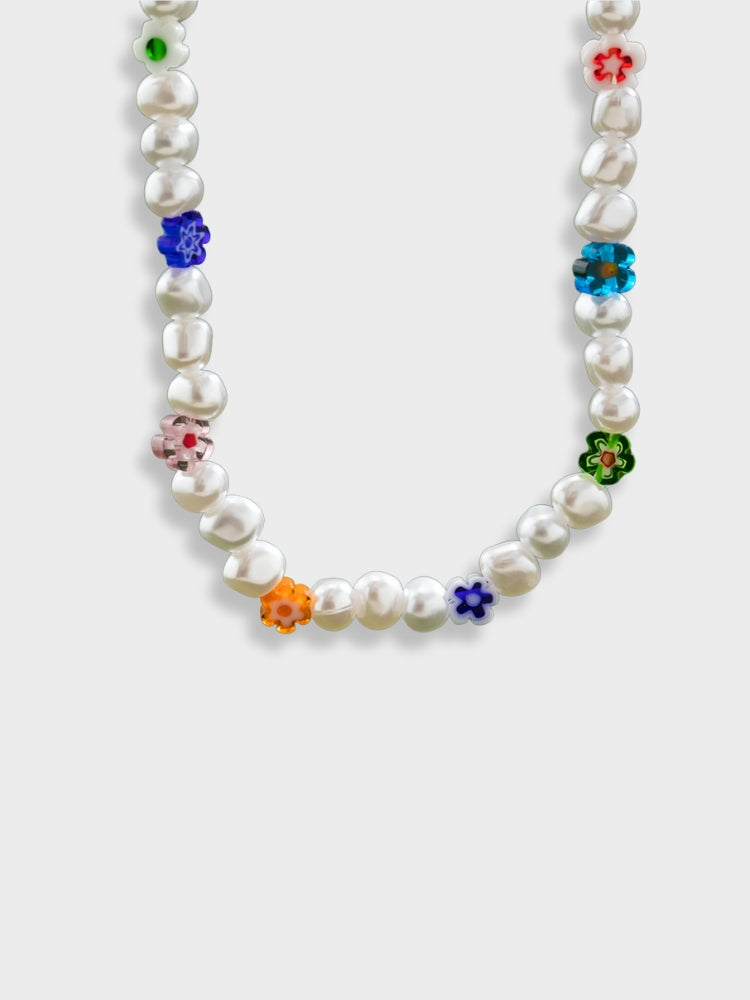 Asymmetrical Pearl & Flower Beach Necklace