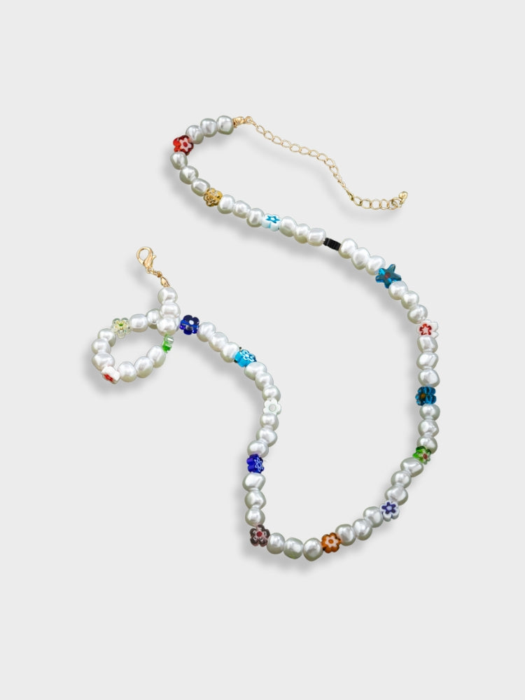 Asymmetrical Pearl & Flower Beach Necklace